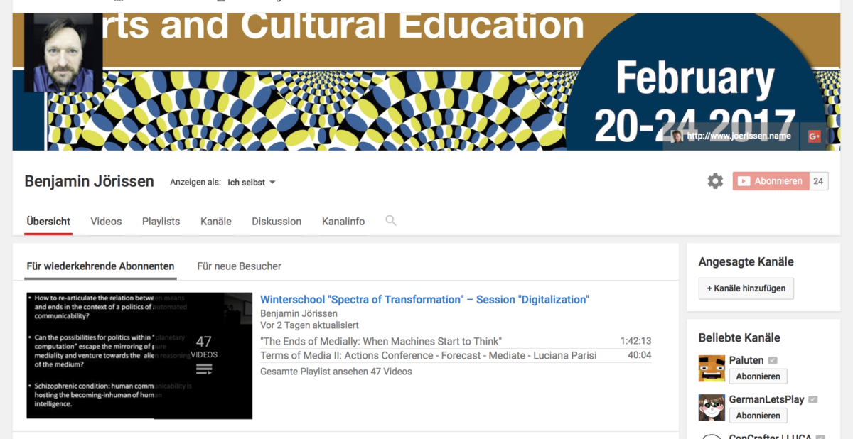 Youtube-Playlist on (post-) digital transformations of aesthetic/arts/cultural education